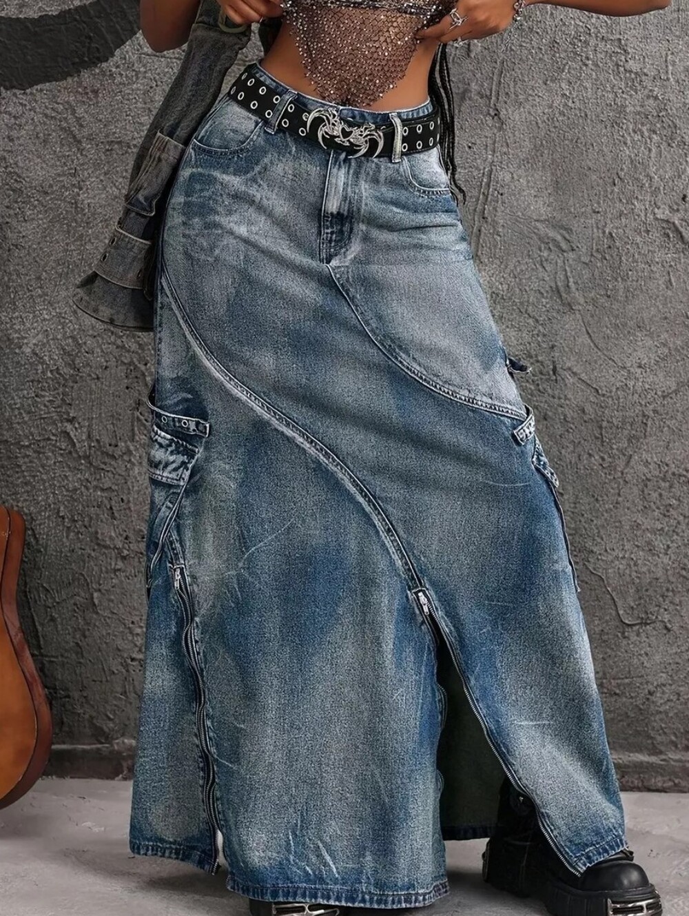 High-Waisted Denim Maxi Skirt with Zipper Slit